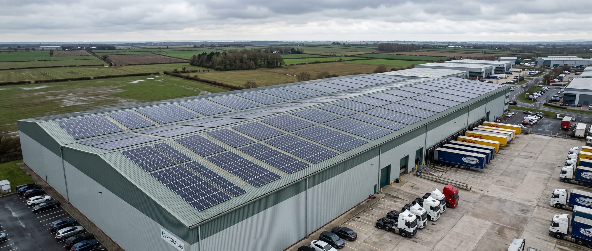 Aerial view of a large UK distribution warehouse with a full commercial rooftop solar array
