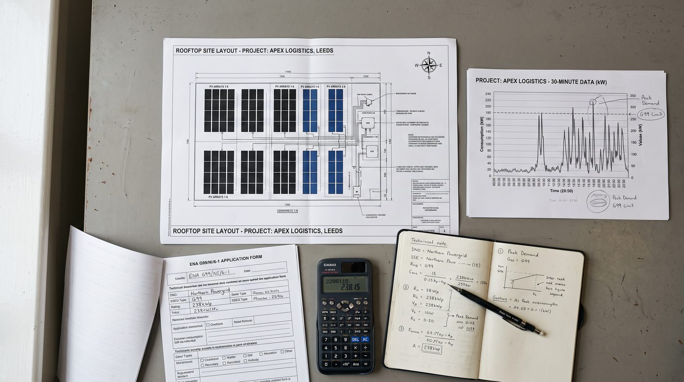 A solar project engineer's desk with a rooftop layout drawing, consumption chart and G99 application form